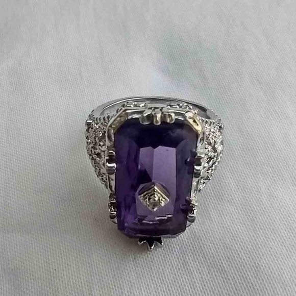 Large  Silver Tone Clear Purple Stone Ring with CZ Accent / Antique Reproduction - Picture 12 of 14